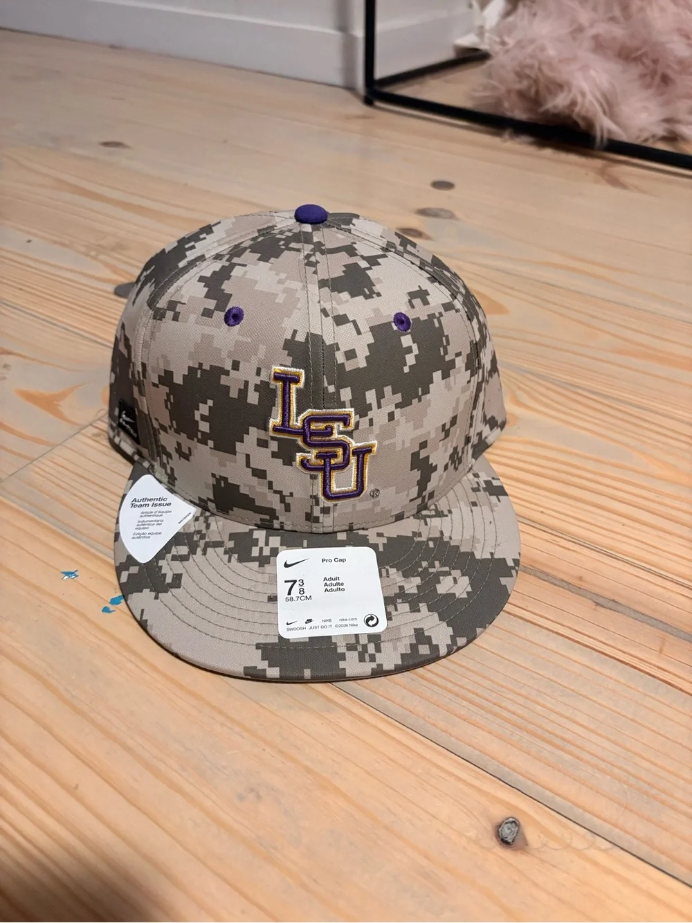 Nike adult LSU Camo Hat in Tan with Purple Accents